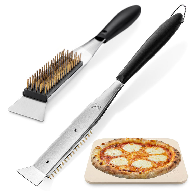 2-in-1 Pizza Oven Brush & Scraper | Dual-Purpose Pizza Stone Brush Scraper with Stainless Steel Head | Outdoor Oven Cleaning Accessories, Stone Cleaner, Essential Cooking Tools