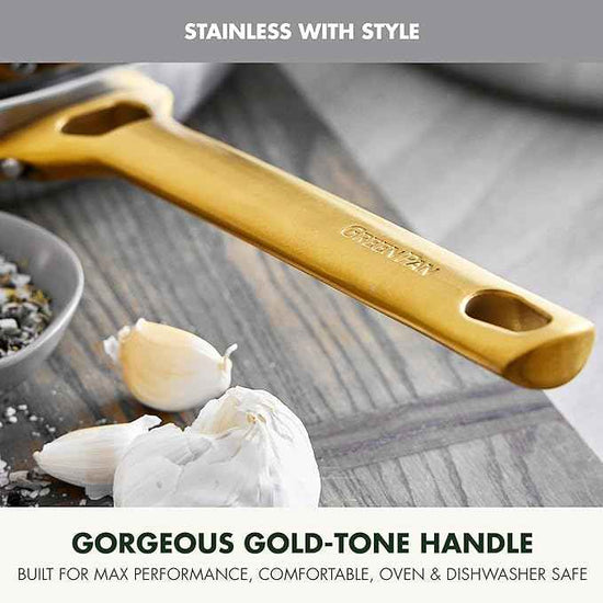 GreenPan Stainless Steel Tri-Ply Reserve 8” Frying Pan Skillet, Multiclad Cookware, Induction, Oven & Broiler Safe to 600°F, Heat Responsive Core, Dishwasher Safe, Gold Handle