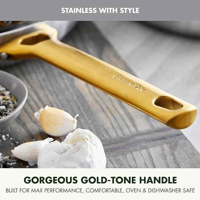 GreenPan Stainless Steel Tri-Ply Reserve 8” Frying Pan Skillet, Multiclad Cookware, Induction, Oven & Broiler Safe to 600°F, Heat Responsive Core, Dishwasher Safe, Gold Handle