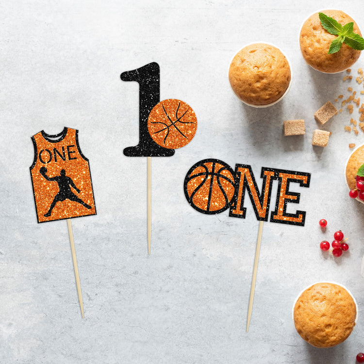 24Pcs Basketball One Cupcake Toppers Glitter Number 1 First Birthday Basketball Cupcake Picks for Sports Theme Baby Shower Kids 1st Birthday Party Cake Decorations Supplies (24 Count)