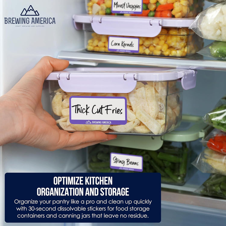 Dissolvable Food Labels for Food Containers - Made in USA - Great for Food Prep, Pantry, Canning, Freezer, Mason Jar Storage, Bottles and Rotation– No Scrubbing, No Residue - Violet Purple