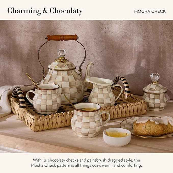MACKENZIE-CHILDS Enamel Salt and Pepper Shakers, Kitchen Table Spice Shaker Set, Brown-and-White Mocha Check, Large