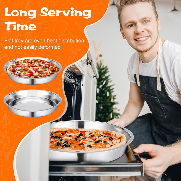 2 Pcs 16 Inch Large Deep Pizza Pans Stainless Steel Pizza Tray Round Oven Tray Rust Proof Reusable Bakeware Cooking Pan Dishwasher Safe for Baking (2 Count)