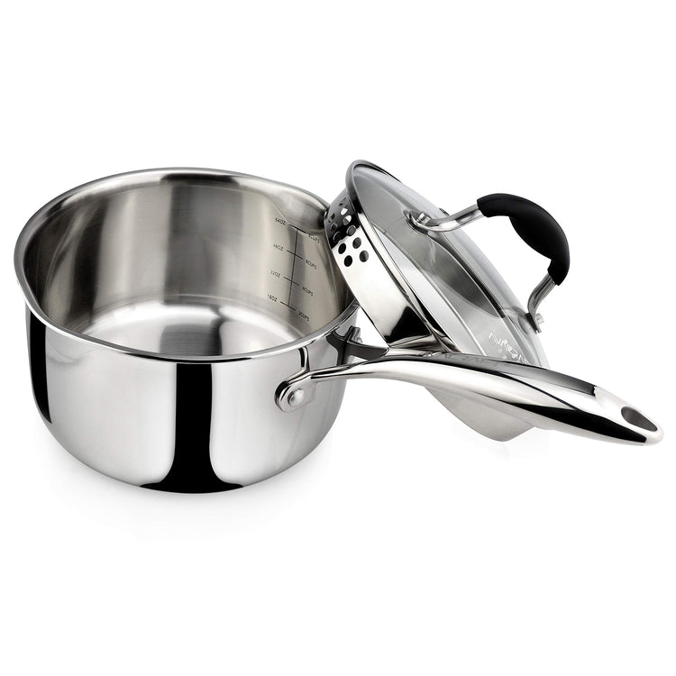 Tri Ply Stainless Steel Saucepan with Glass Strainer Lid