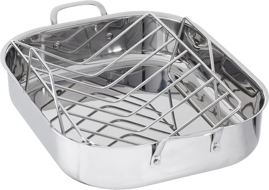 Amazon Basics Stainless Steel Rectangular Roasting Pan with Rack, 16 in - Nestoria