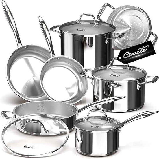 11-Piece Tri-Ply Stainless Steel Pots and Pans Set, 18/10 Stainless Steel Cookware Set with Steamer Insert, Induction Kitchen Cookware Sets with Cool Ergonomic Handles, Dishwasher, Oven Safe