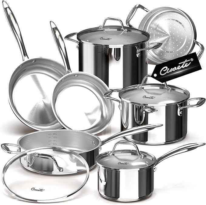 11-Piece Tri-Ply Stainless Steel Pots and Pans Set, 18/10 Stainless Steel Cookware Set with Steamer Insert, Induction Kitchen Cookware Sets with Cool Ergonomic Handles, Dishwasher, Oven Safe