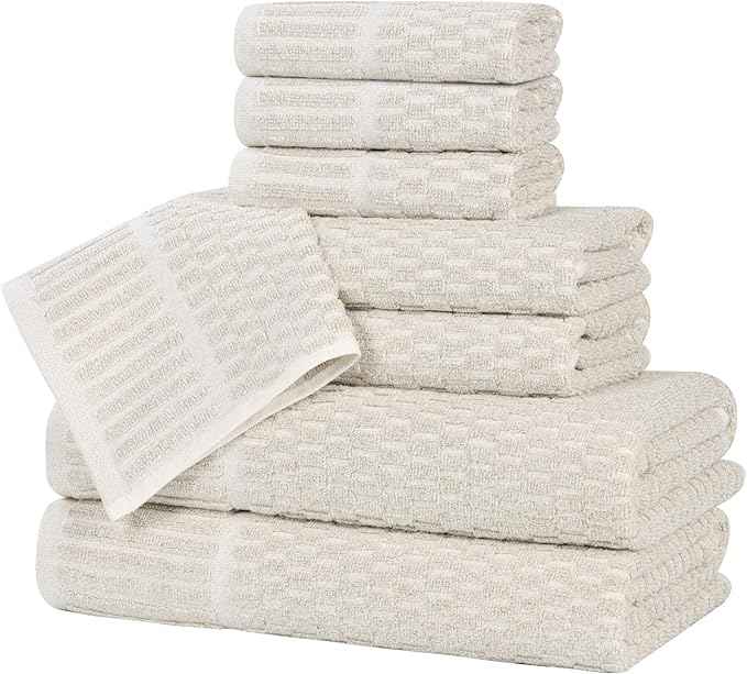 Superior Juno Viscose Cotton Blend Medium Weight Towels, for Bathroom, Shower, Spa, Plush, Quick Dry, Ultra-Soft Towels, Bath Essentials, Border Detail, 8 Piece Assorted Towel Set, Beige