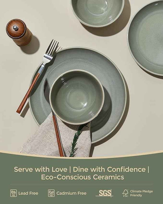 32 Piece Double Bowl Dinnerware Sets with Pasta Bowls, Highly Chip and Crack Resistant Plates and Bowls Sets, Natural Earthyware Ceramic Dishware Sets, Service for 8 Gradient Green