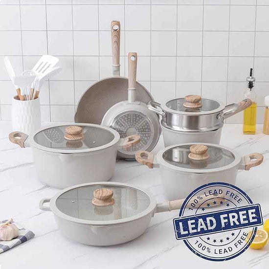 Country Kitchen Non-Stick Cast Aluminum Cookware Set - Durable Kitchen Cookware for Everyday Cooking, Cream Round Handle, 11 Pc.
