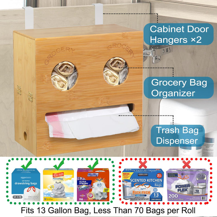 2-in-1 Trash Bag Dispenser & Grocery Bag Holder with Cute Smiley Face Design, Bamboo Organizer for Cabinet Door & Wall Mount, Decorative Waste Bag Storage for Standard Rolls, Not for XL Rolls