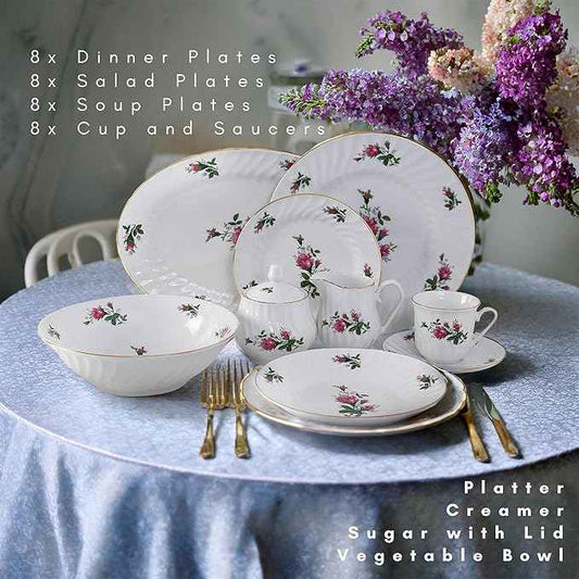 Lynns Paradise 45-Piece Vintage Rose Dinnerware Set, 24K Gold Trim | Embossed Swirl Floral Plates & Bowls | Apartment Essentials | Home Kitchen Dinner Accessories