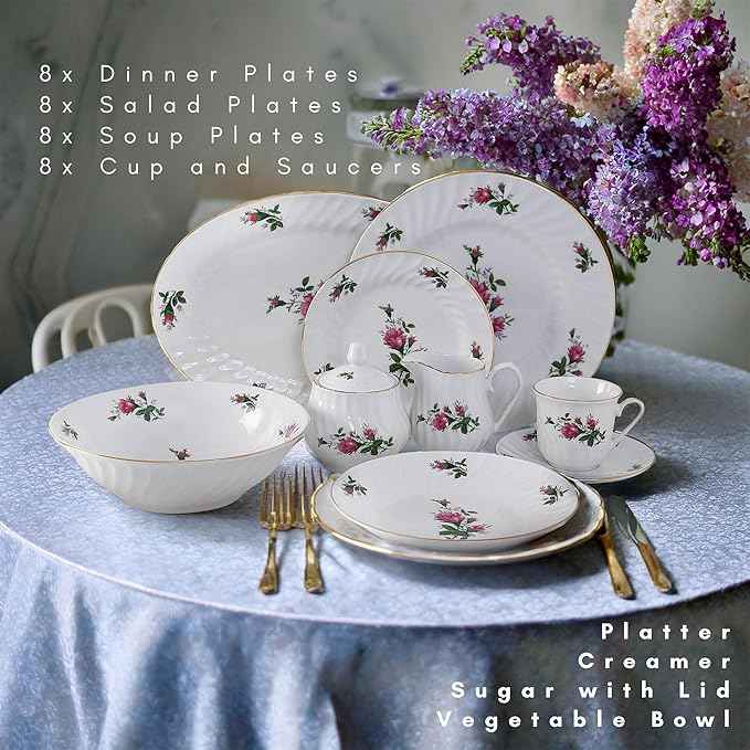 Lynns Paradise 45-Piece Vintage Rose Dinnerware Set, 24K Gold Trim | Embossed Swirl Floral Plates & Bowls | Apartment Essentials | Home Kitchen Dinner Accessories