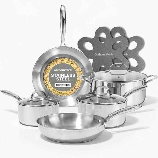 Gotham Steel 10 Pcs Tri Ply Stainless Steel Cookware Set, Pots and Pans Set with Induction Bottom, Made Without PTFE PFOA PFOS, Metal Utensil Safe, Oven and Dishwasher Safe