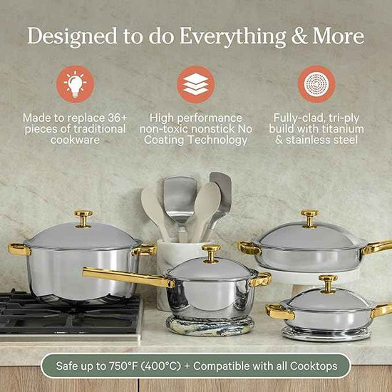 Our Place Titanium Pro Cookware Set | 10-Piece Pots and Pans Set with Always Pan Pro, Perfect Pot Pro & Minis | Non-Toxic No-Coating Nonstick | Induction & Oven-Safe up to 750°F | Gold