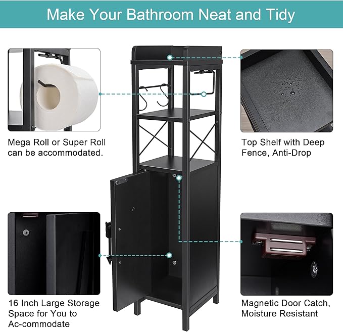 VECELO Small Bathroom Cabinet,Slim Toilet Paper Holders with Door,Metal Rack & 2 Shelves,Upgraded Narrow Storage Organizer for Restroom Bathroom Tiny Space,Fenced Top Waterproof Coating,Black