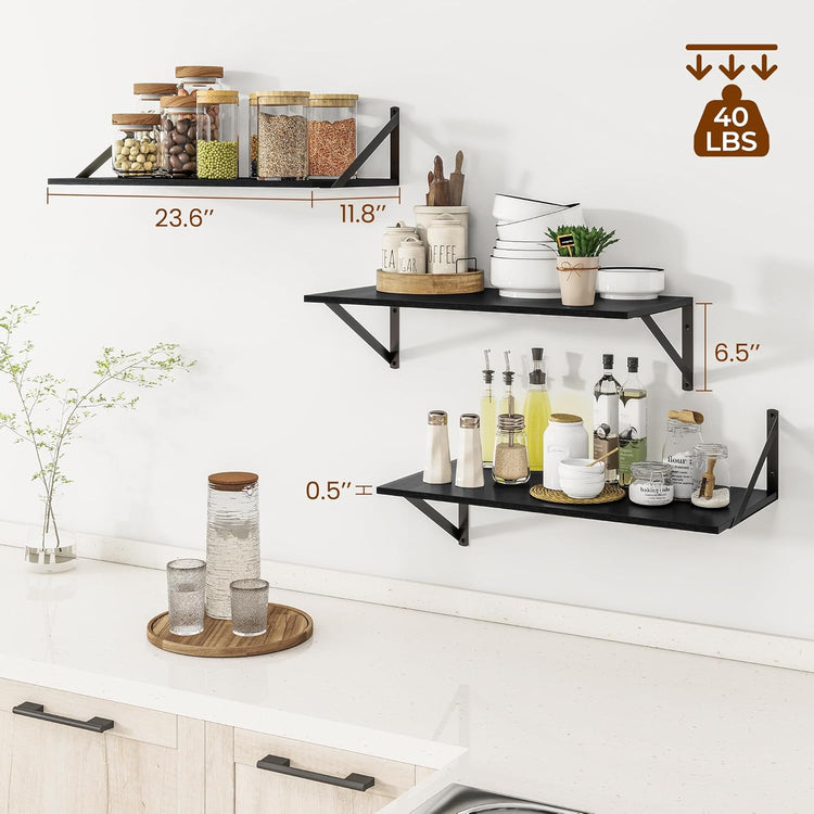 Heimlove 24" W x 12" D Wall Shelves for Books, 12 Inch Deep Floating Shelves Set of 3, Wide Floating Bookshelf with Metal Bracket for Living Room, Kitchen, Office, Bedroom and Decor Storage - Black