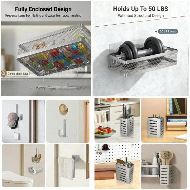 5-in-1 Wide Wall Mount Wrapped Mesh Kitchen Organizer & Shower Caddy Kit, with Paper Towel Holder, Utensil Holder, Soap Dish, Heavy Duty 50LBS - Silver Gray, Netting