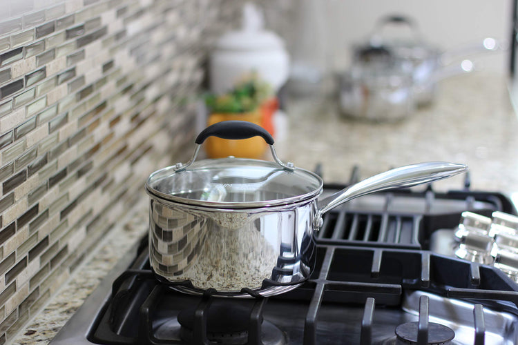Tri Ply Stainless Steel Saucepan with Glass Strainer Lid