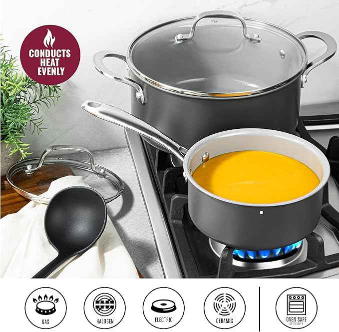 Granitestone Pro 13pcs Pots and Pans Set Non Stick Ceramic Cookware Set with 5 Utensils, Premium Chef Quality Hard Anodized Exterior with Diamond and Mineral Coating, Oven and Dishwasher Safe