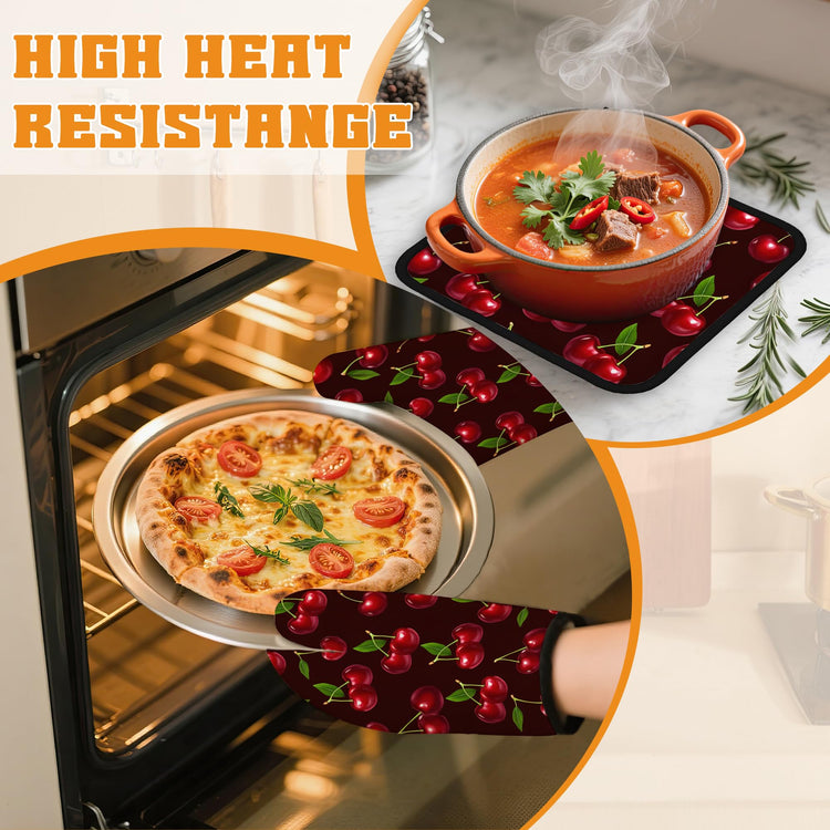 Cherry Oven Mitts and Pot Holders Set (4 Count)