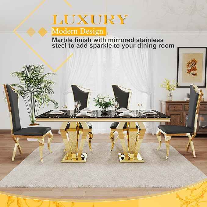 AF ARTISAN FURNITURE 7 Piece Luxury Dining Room Set, Modern Dining Table and Upholstered Chairs Set, Marble Kitchen Table Set for 6, Big Kitchen Dinner Tables Kit with Gold Base