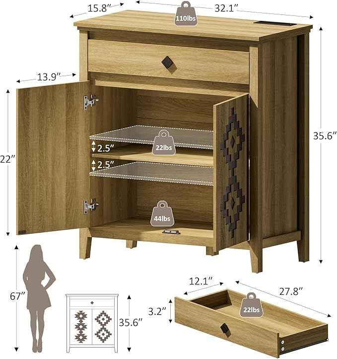 Sideboard Buffet Cabinet Set of 2 with Power Outlet, Wood Coffee Bar Cabinet with Drawer and Adjustable Shelf, Modern Accent Storage for Kitchen, Entryway, Living Room, Natural