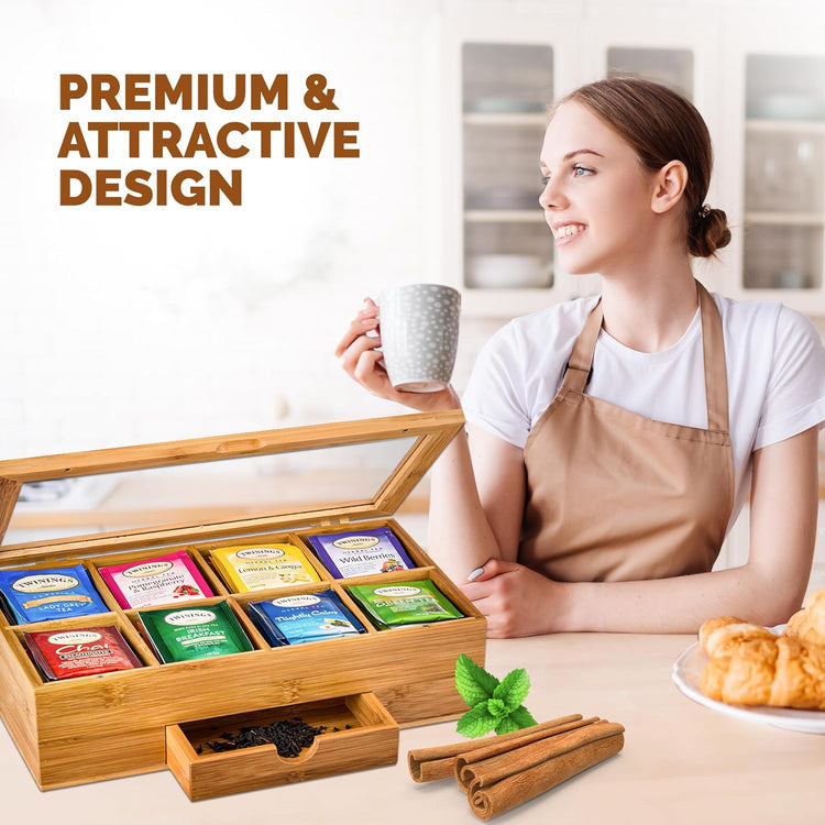 BAMBUSI Tea Bag Organizer - Bamboo Tea Box Storage with Drawer & Acrylic Window, Tea Organizer Holder, Tea Bag Holder, Tea Storage Box, Tea Box Organizer, Gift Idea for Home Kitchen (Tea Not Included)