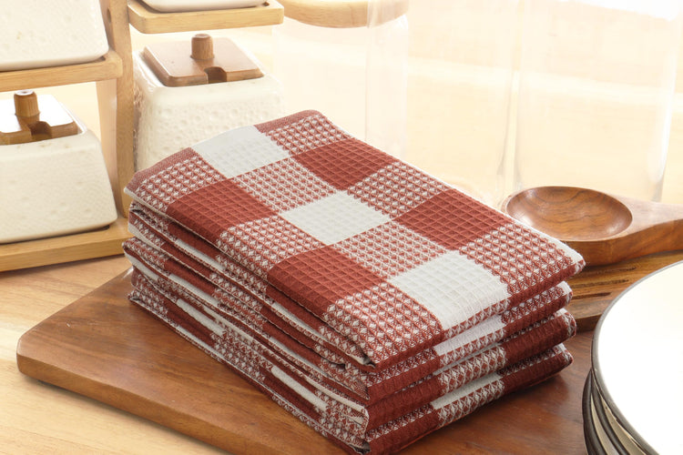 Rust 100% Cotton Waffle Weave Check Plaid Kitchen Towels