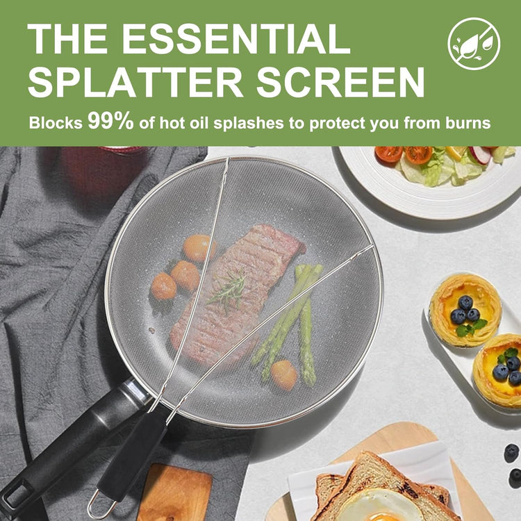 13'', 11.5'', 9.8'' Stainless Steel Grease Splatter Guard for Frying Pan with Comfortable Grip Handle, Ultra Fine Mesh Prevents Oil Splatters and Messes, Heavy Duty Splatter Screen