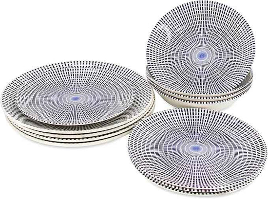 TUDOR ROYAL Porcelain 16-Piece Round Dinnerware Set, Service for 4, Singapore Blue Design, Blue Radial, Plates Bowls Mugs Dishes, Premium Quality Ceramic Tableware, Unique Pattern, Glossy