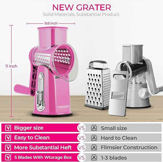 SUSTEAS Rotary Cheese Grater with Handle - Vegetable Shredder with 5 Well-designed Blades & Strong Suction Base,Round Mandoline Slicer & Food Chopper for Kitchen,with Blade Storage Box(Pink)