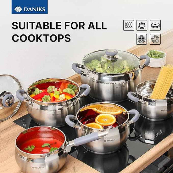 Daniks Modern 10-Piece Stainless Steel Cookware Set with Glass Lids, Includes Saucepan, Tri-Ply Bases for Even Heating, Induction Compatible, Dishwasher Safe, Heatproof Handles