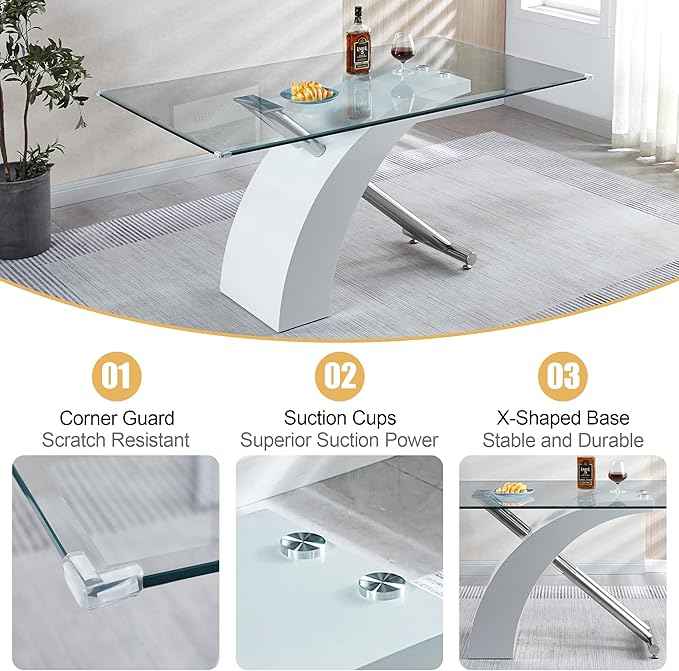 7 Piece Glass Dining Table Set for 6, 63" Modern Kitchen Table with 6 Grey Velvet Chairs, Tempered Glass Tabletop with White X-Shaped MDF Base, Modern Dining Room Set for Kitchen and Dining Room