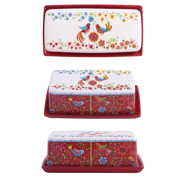 Red Spring Bird Ceramic Butter Dish with Lid