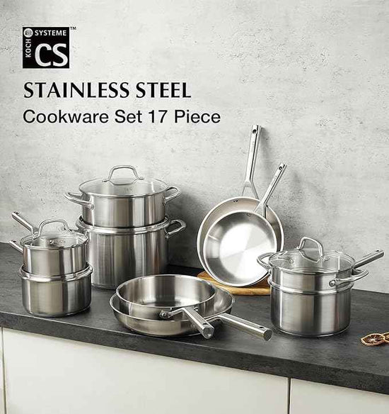 KOCH SYSTEME CS Stainless Steel Cookware Set 17 Piece, Professional 18/10 Stianless Steel Pots and Pans Set, 5-Layer Stainless Base, Oven Safe, Induction Ready, Non-Toxic Kitchen Cookware Set