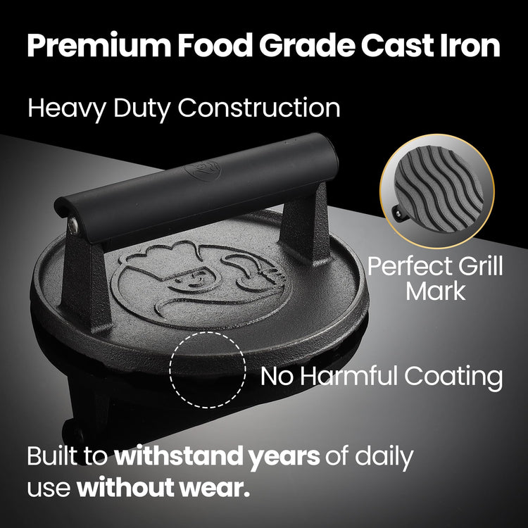 Cast Iron Smash Burger Press with Heat Resistant Handle