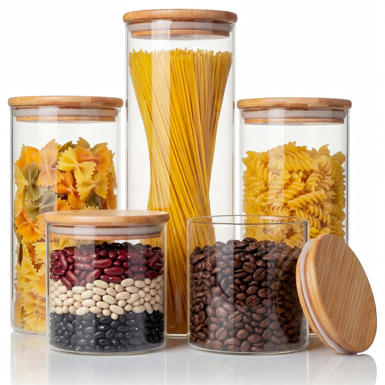 Round Glass Storage Containers with Bamboo Lids for Pasta & Flour (5 Count)