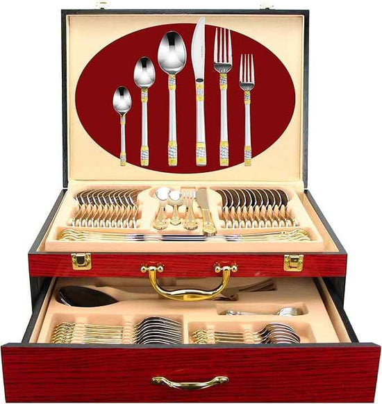 75-Pc Luxury Flatware Set for 12 w/Storage Case 24K Gold Premium Dining Cutlery Service - 18/10 Surgical Stainless Steel Silverware Hostess Serving Set in a Chest