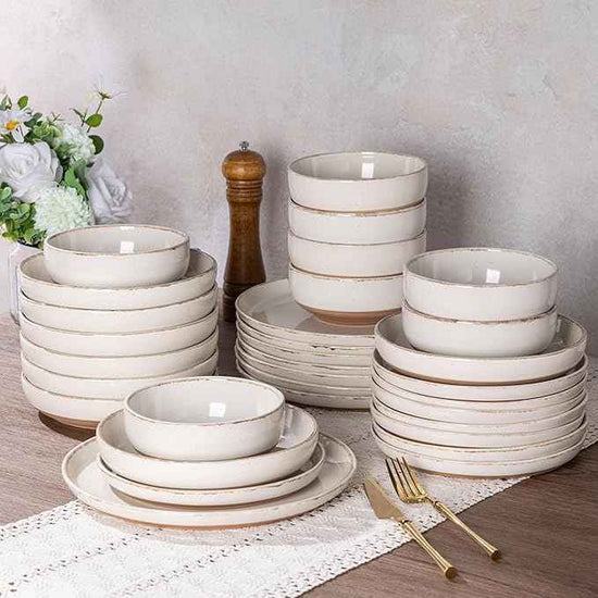 AmorArc Ceramic Dinnerware Sets with Pasta Bowls for 8, Handpainted Plates and Bowls Set with Rustic Terracotta Underside, Scratch Resistant Dishes Set, Dishwasher & Microwave Safe, 32 Pcs