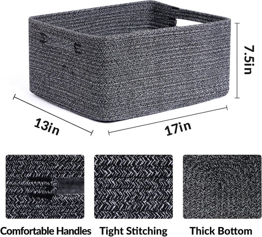Large Storage Baskets for Shelves, Closet Organizers Bins for Clothes Blanket Towels, Baby Nursery, Toy Baskets Box, Woven Rope Baskets, 17 x 13 x 7.5”, 3 Packs Dark Gray