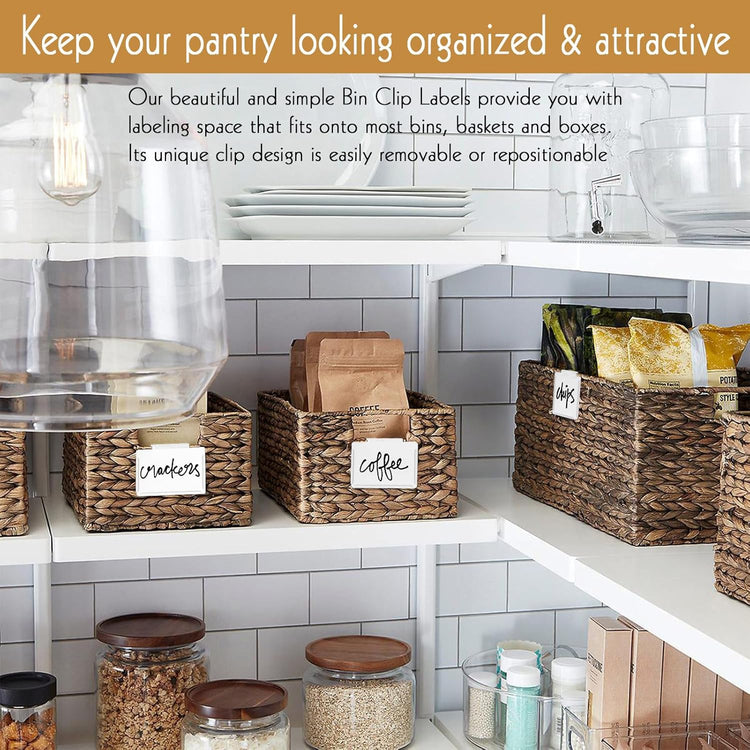 Basket Labels Clip on | Label Holders for Basket or Storage Bins Includes Black Chalk Markers (18 White Holders + 4 Black Chalk Makers)