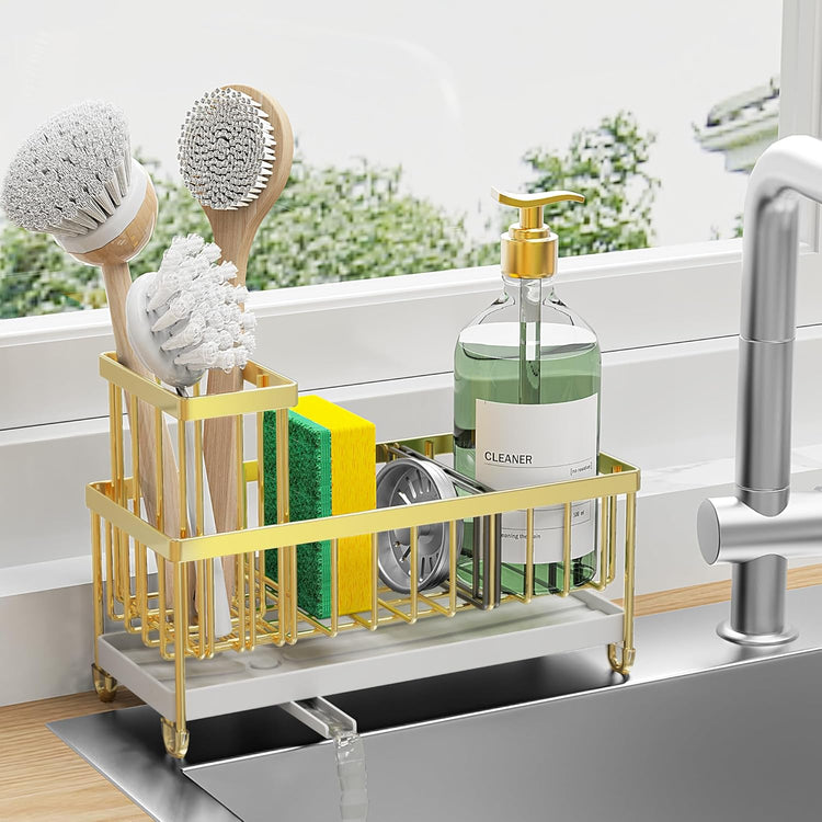Cisily Gold Sponge Holder for Kitchen Sink, Sink Caddy Organizer with High Brush Holder, Kitchen Countertop Organizers and Storage Essentials, Rustproof 304 Stainless Steel, Soap Dispenser Organize
