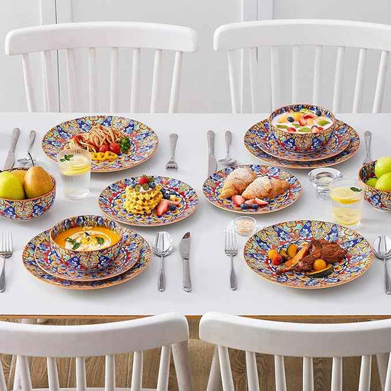 vancasso 12 Pieces Dinnerware Sets, Orange Plates and Bowls Set, Porcelain Dishes Set for 4, Microwave and Dishwasher Safe, Scratch Resistant, Bohemian Style Dining Ware Service for 4, Series SIMI