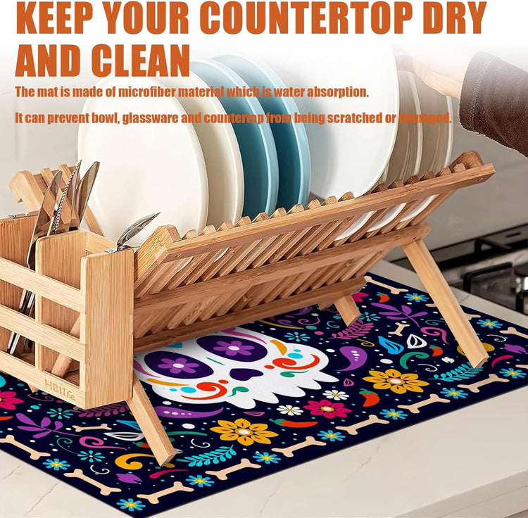 Sugar Skull Dish Drying Mat for Kitchen Counter Microfiber Absorbent Dish Day of the Dead Kitchen Drying Mat Draining Reusable Washable for Dishes/Utensils/Counterto