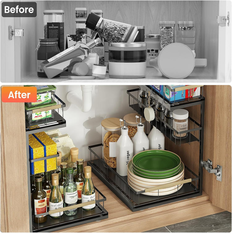 Under Sink Organizer and Storage for Bathroom and Kitchen - 1 Pack Pull Out Under Cabinet Shelf Organizers - 2 3 Tier Sliding Out Drawer Organization for Home Cabinets Shelves and Drawers