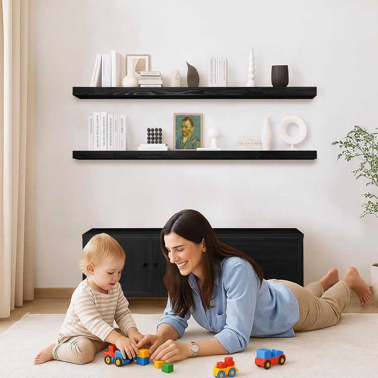 Rustic Floating Shelves 72 inch Long 8 "deep Set of 2, Heavy Duty Wood Wall Mounted Shelves for Bathroom Living Room Kitchen,Book Shelves with Thickened Hidden Bracket- Black