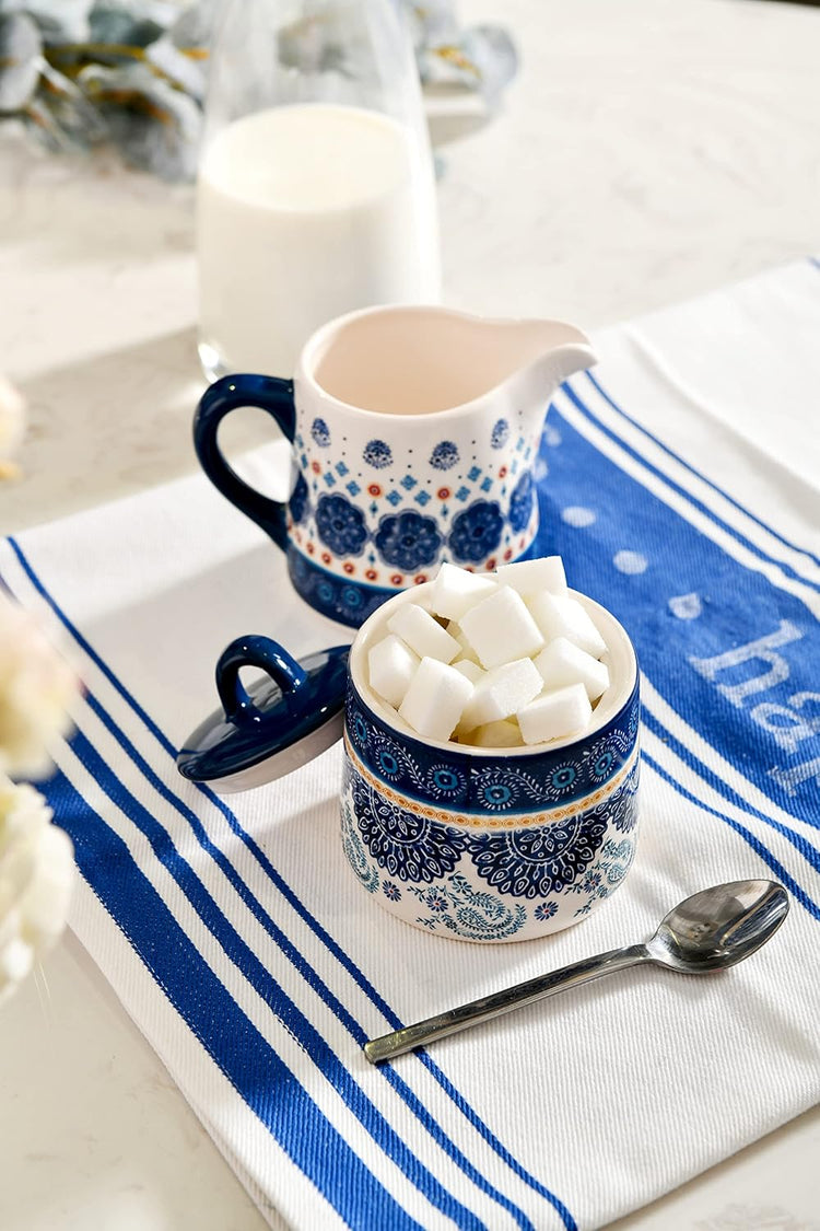 Bico Blue Talavera Ceramic Sugar and Creamer Set, Sugar Bowl with Lid, Cute Container for Coffee Bar, Kitchen Countertop Accessories, Microwave and Dishwasher Safe