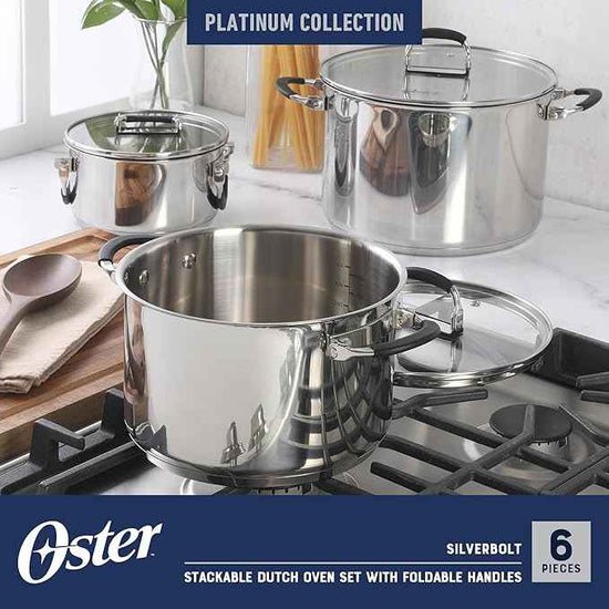 Oster Platinum Silverbolt 6 Piece Stackable Space-Saving Dutch Oven Sauce Pan Cookware Set