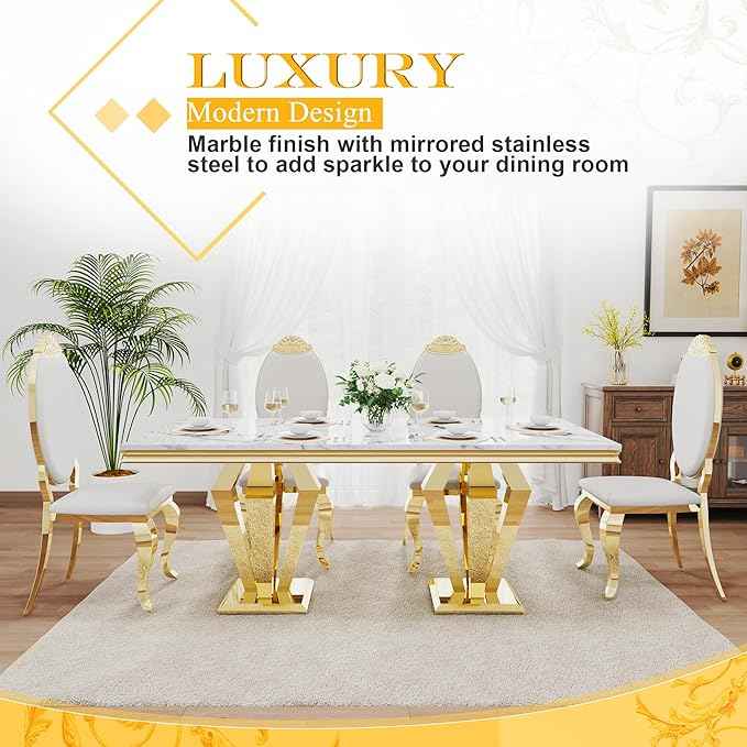 AF ARTISAN FURNITURE 7 Piece Luxury Dining Room Set, Modern Dining Table and Upholstered Chairs Set, Marble Kitchen Table Set for 6, Big Kitchen Dinner Tables Kit with Silver Base
